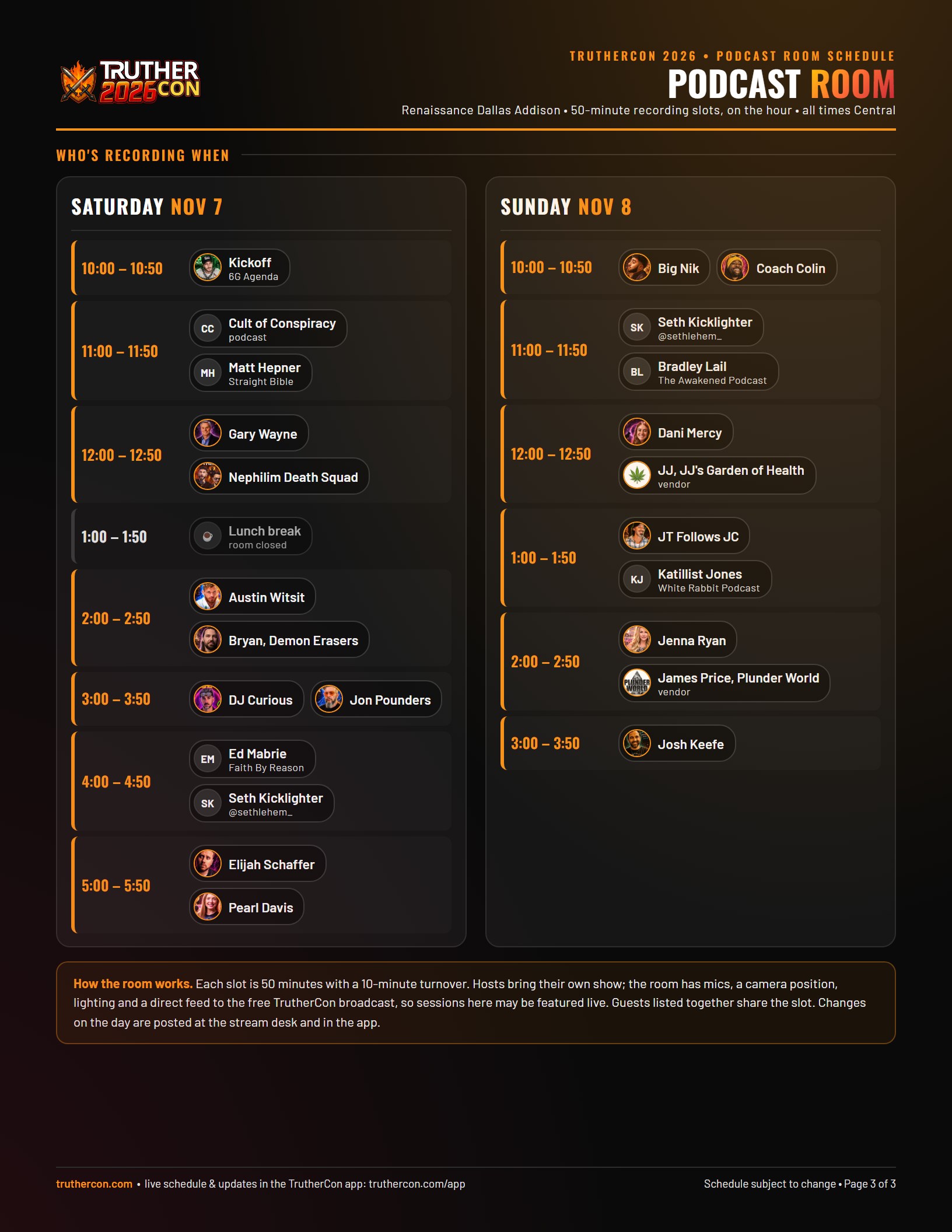TrutherCon 2026 Podcast Room schedule: who is recording in each hourly slot on Saturday and Sunday